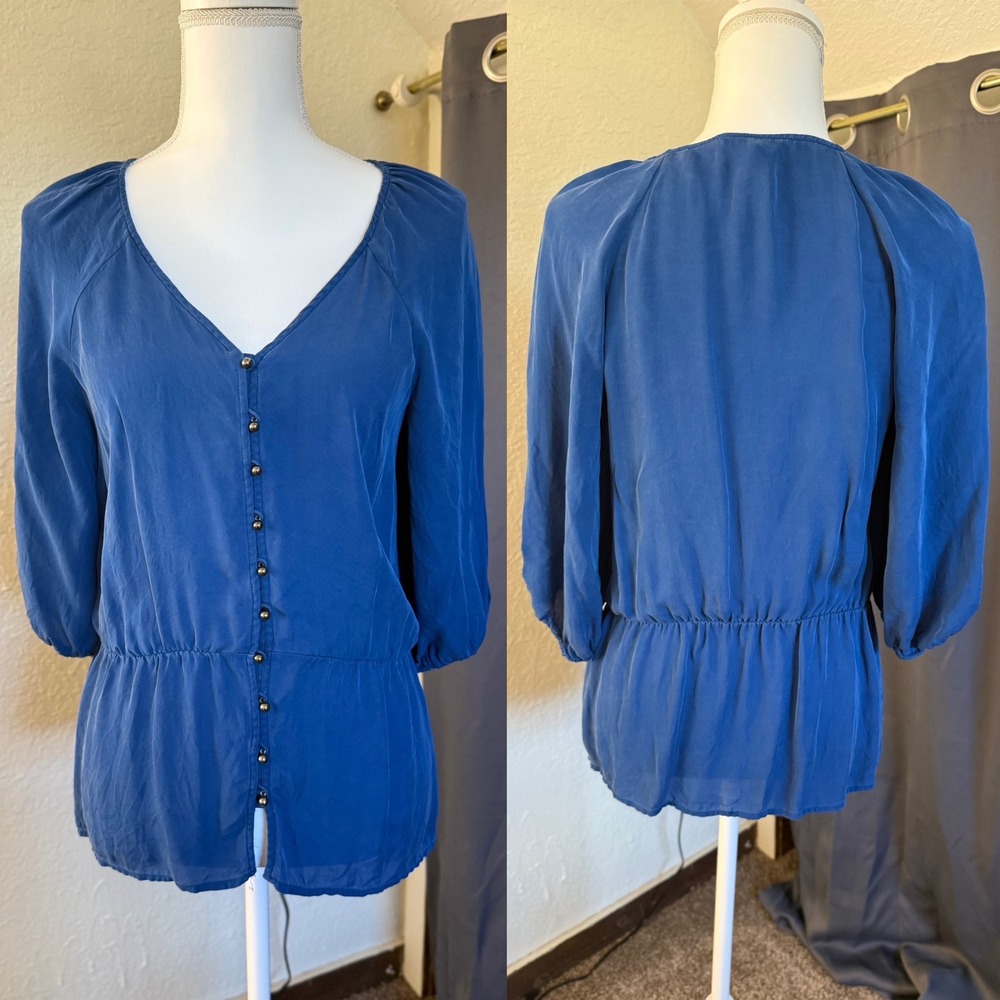 Banana Republic Women Blue 100% Silk Button Front Elastic Waist Blouse Small